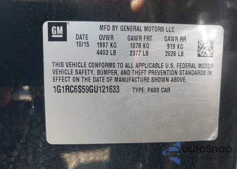 2016 Chevrolet Volt Lt z USA, uszkodzony, nr VIN 1G1RC6S59GU121633